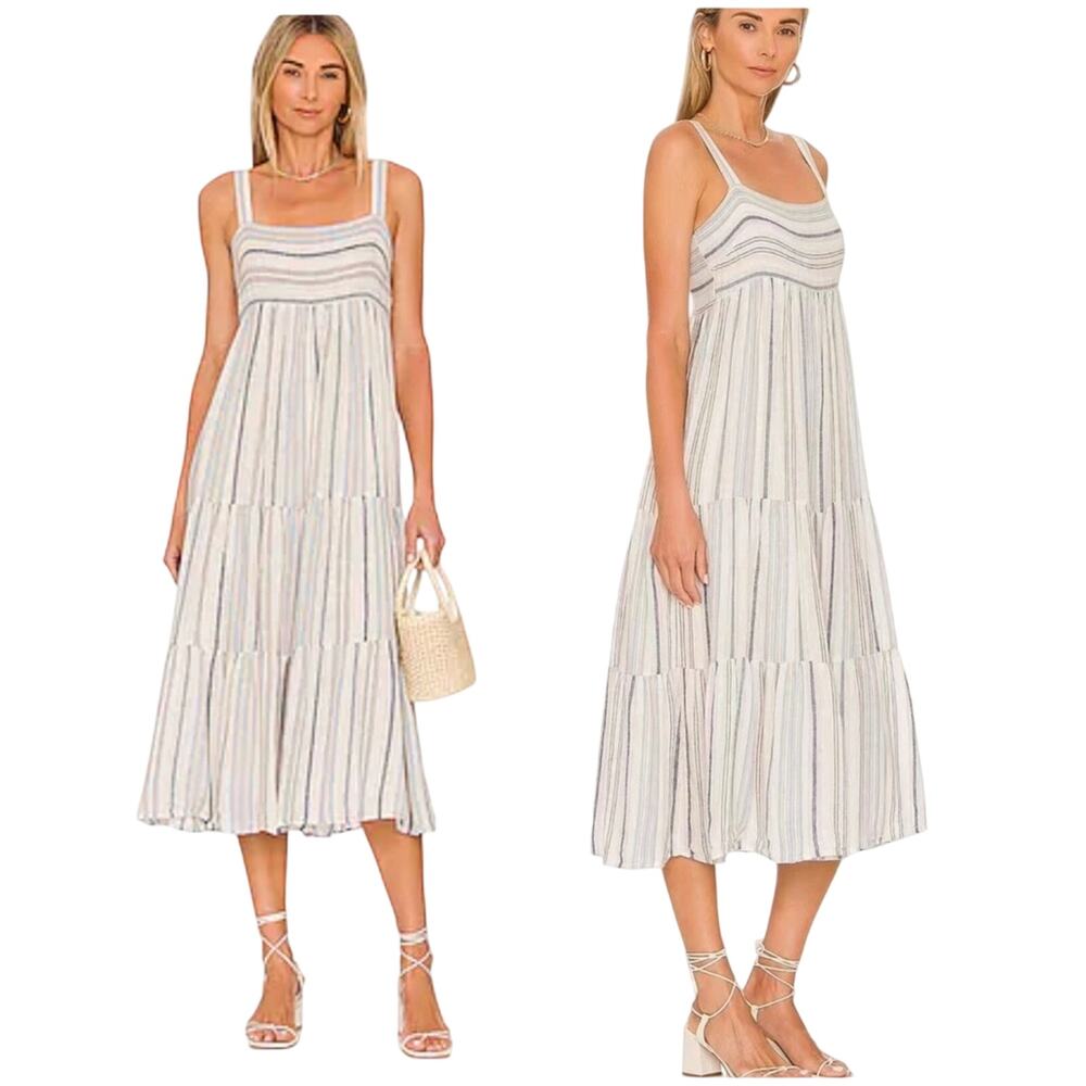 Revolve Rails Shailene Linen Blend Smocked Midi Dress in Montauk Stripe Size XS